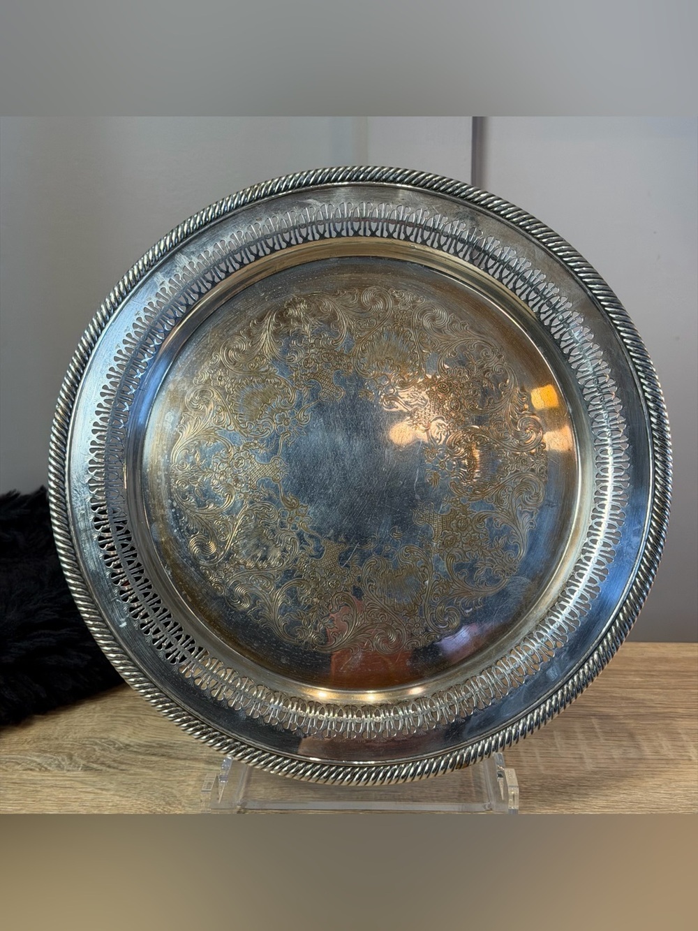 Wm Rogers Serving Tray with Pierced Rim Silverplate 12” Star Eagle Mark